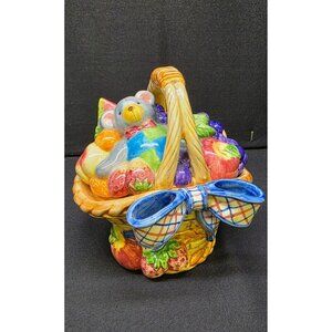 Vintage Fitz & Floyd Sri Lanka 1996 Ceramic Basket of Fruit Teddy Bear Jar w Lid